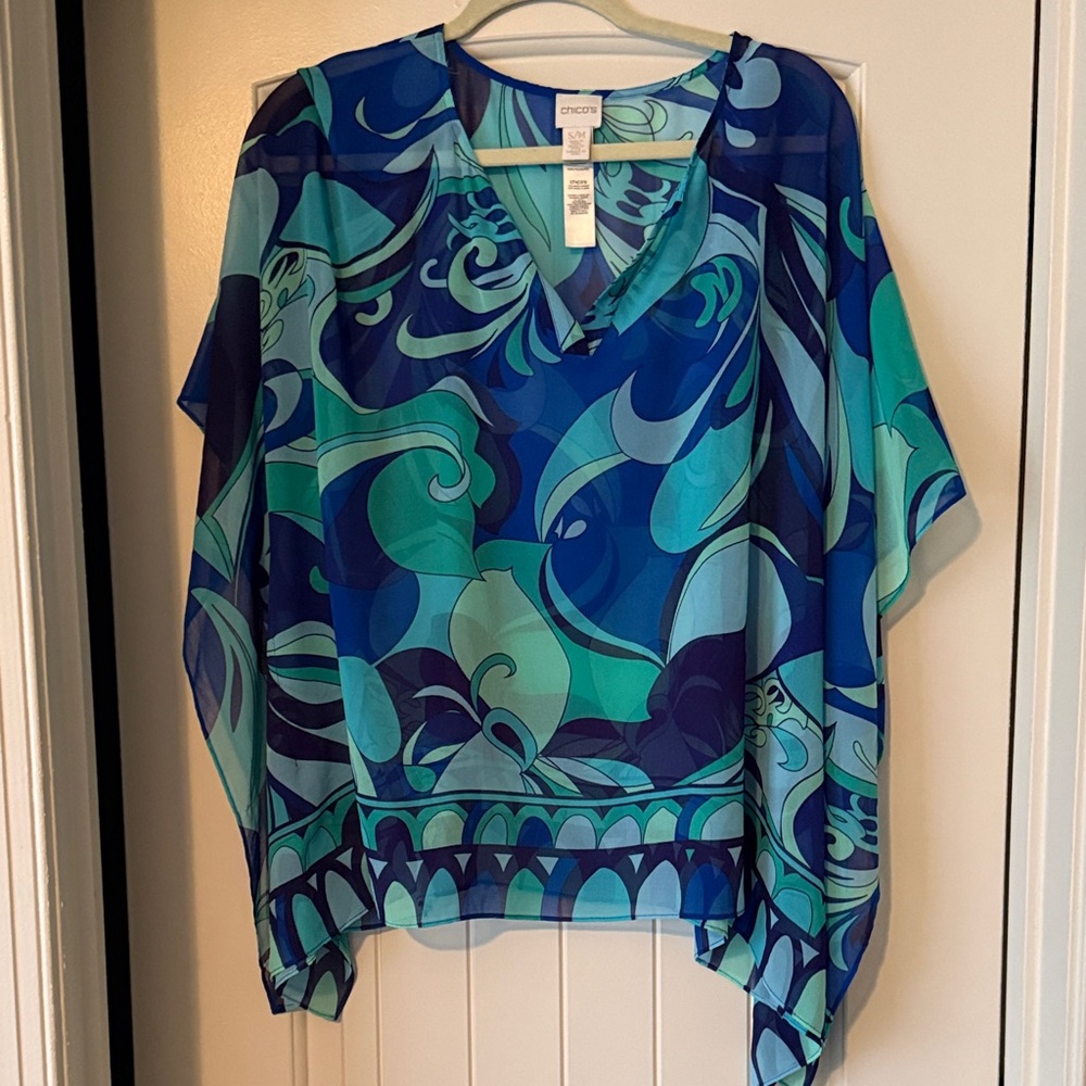 Chico's Teal & Navy Swirl V-Neck top